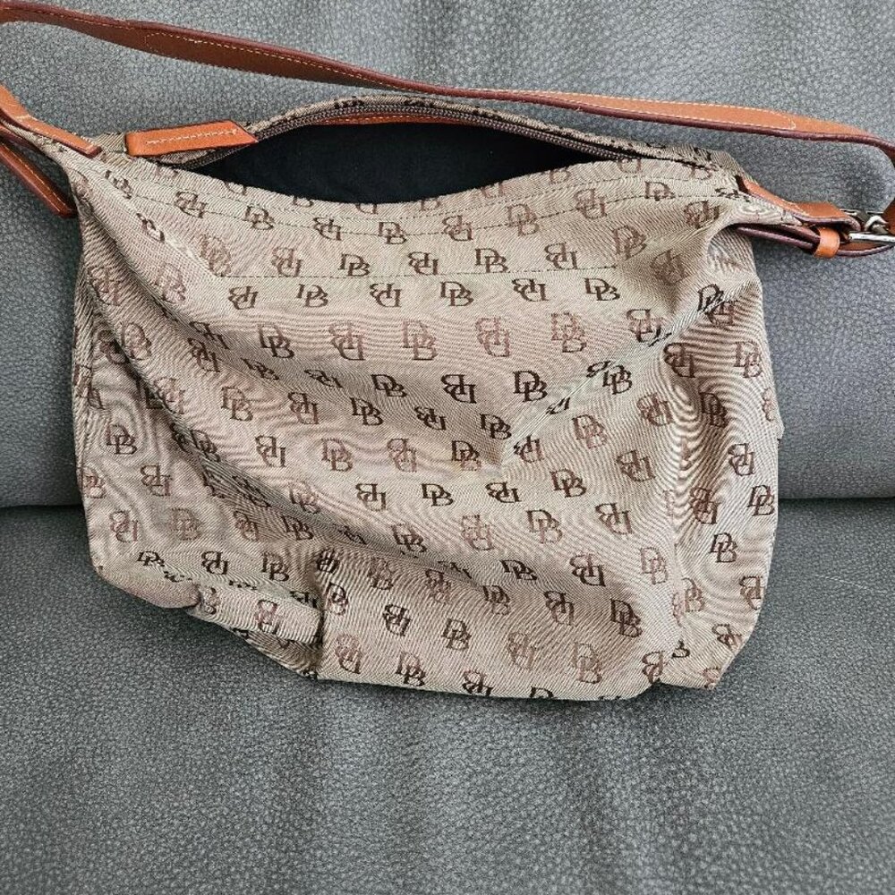 Dooney & Bourke DB Monogram Canvas Hobo Shoulder Bag Tan Leather Trim / D-4